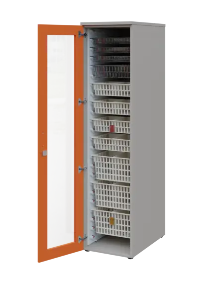 EUROMEDICA S - 46 skříň léková boxová, 1-dveřová/prosklená, levá, 1950x460x735, korpus šedý, dvířka mandarinka